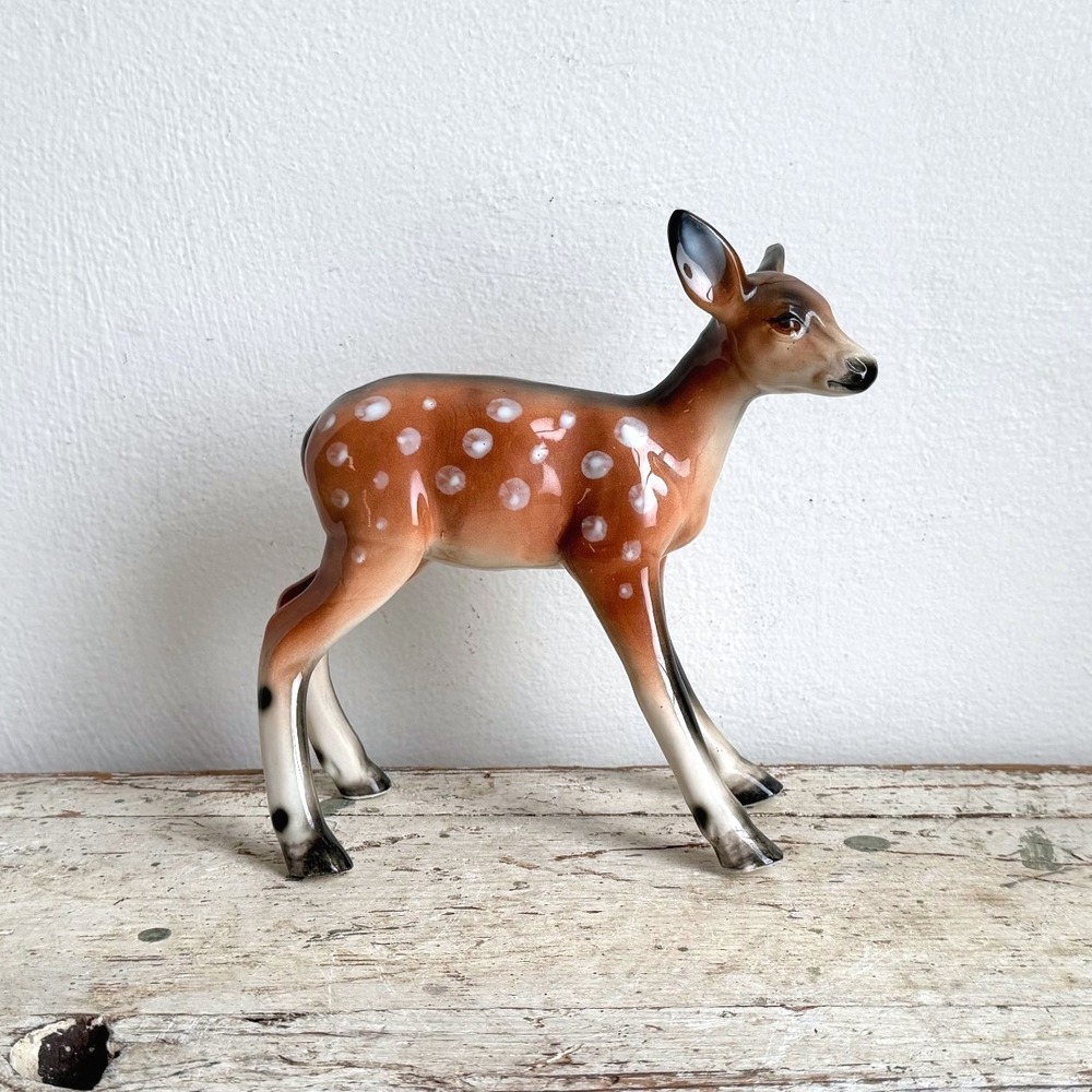 Vintage Ceramic Spotted Fawn Deer Figurine Glossy Hand Painted 9"
